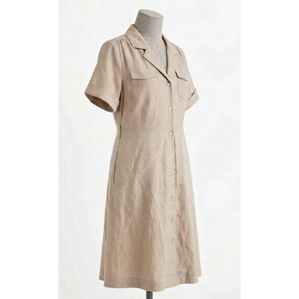 Tahari XL Linen Blend Beige Belted Utility Shirt Dress Short Sleeve Cuffed - Picture 1 of 16
